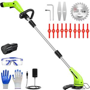 GardenJoy Weed Wacker Battery Operated: 12V Cordless Grass Trimmer with 2.0Ah Battery, Fast Charger and 3 Types Cutting Blade, Portable Electric Lawn Trimmer for Garden Yard Weeding Work (Green)