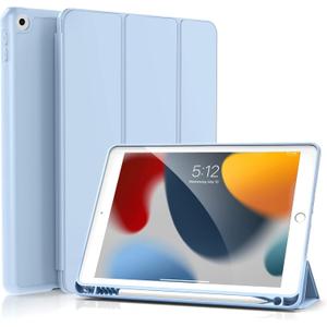 KenKe Case for iPad 9th Generation 2021/ iPad 8th Generation 2020/ iPad 7th Generation 2019 10.2 inch, Built-in Pencil Holder, Slim Trifold Stand Cover with Soft TPU Back, Auto Wake/Sleep, Sky Blue