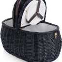 PICNIC TIME Evening Picnic Basket with Service for Two, Handwoven Sustainable Black Wicker Basket with Split-lid Design and Vegan Leather Details, Components Tucked In Lid for Bigger Space (Black)