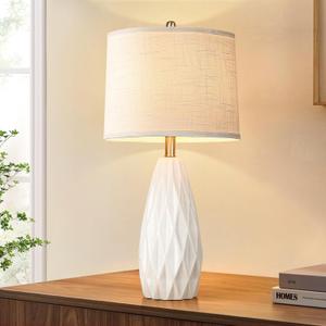 25'' Geometric Lamp White Cream Table Lamps Modern Ceramic Lamp for Night Stand - 3-Way Dimmable Bedside Lamps for Nightstand, Bedroom Lamp for Living Room Desk End Table Office Guest Room