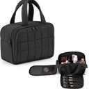 Huhumy Travel Toiletry Bag, Puffy Checkered Makeup Bag for Women, Large Quilted Wide-open Lightweight Cosmetic Organizer with Handle for Accessories, Essentials, Toiletries (Black)