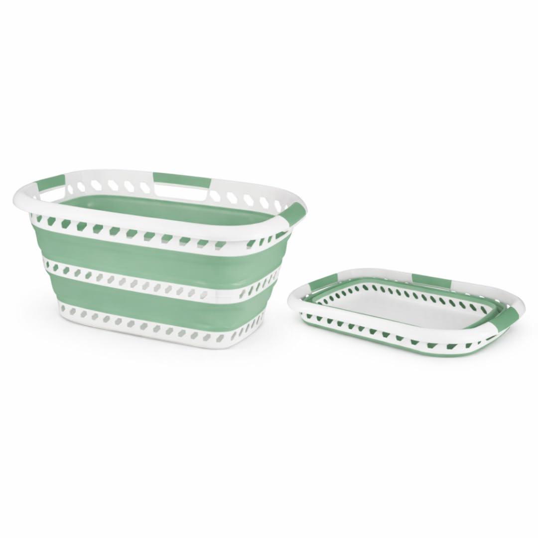 Laundry 360 Collapsible Laundry Basket | Portable | Space Saver Storage | Hold 2 Loads | Store Under the Bed or Closet | Good for Kids | Dorm | Bedroom | Large | White/Sage