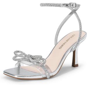 DREAM PAIRS Women's Double Bowknots Heels Open Square Toe Ankle Strap Crystal Rhinestone Dress Sandals for Party Wedding (9)