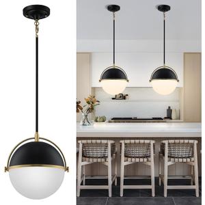 Black and Gold Globe Pendant Lights Kitchen Island, 11.4 Inch Pendant Light Fixtures with Milk Globe Glass Shade, Pendant Lighting for Dining Room Cafes Restaurants Living Room