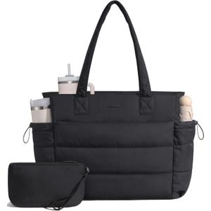 LOVEVOOK Tote Bag for Women with Giant Tumbler Holder Pocket, Puffer Work Travel Laptop Handbag with Zipper for Nurse Teacher (M-15.6 Inch, Black)