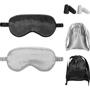 Silk Satin Sleeping Mask Eye Mask Set Include 2 Blindfold Eyeshade Elastic Strap Double Layer Silk Filling Eye Cover 2 Ear Plugs 2 Storage Bags for Women and Men Sleep Travel Nap (Black, Gray)