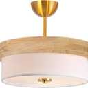 Bargeni Semi Flush Mount Ceiling Light Fixture,13 Inch Gold Light Fixtures Ceiling Mount, Natural Wood Trim with Cream White Fabric Shade, Modern Flush Mount Light Fixture for Bedroom,Hallway,Kitchen