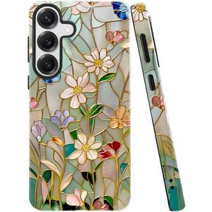 Case for Samsung Galaxy S25,Stained Glass Bloom Flower Phone Case Drop Resistant Glossy 2 in 1 Solid Dual-Layer Cover for Girl Women