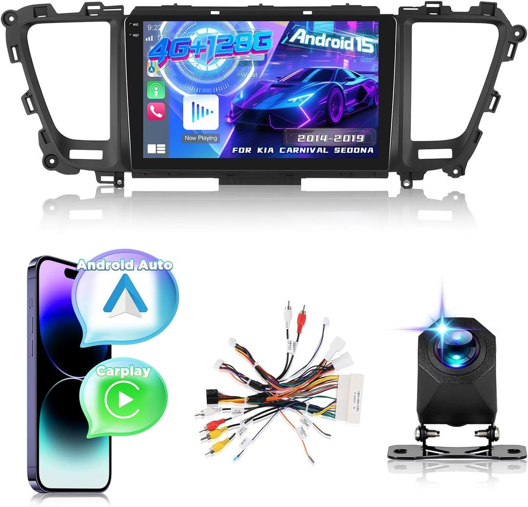 4G+128G Car Stereo for Kia Carnival Sedona 2014 2015 2016 2017 2018 2019 with Wireless Carplay & Android Auto - 9 Inch Android 15 Touchscreen Radio with EQ/5G WiFi/GPS/SWC, AHD Rear View Camera