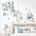 decalmile Hanging Blue Rose Flower Wall Stickers Watercolor Floral Vine Wall Decals Bedroom Living Room Sofa TV Background Home Decor