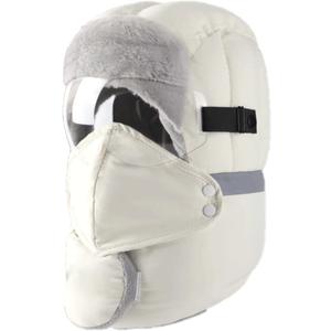 Winter Trapper Hat for Men, Hat Warm Winter, Removable Face Mask Goggles Ear Flaps, Hats for Cold Weather (White)
