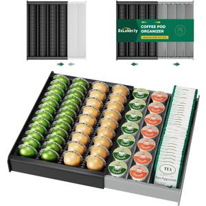 EsLuker.ly K Cup Coffee Pod Holder Organizer, Plastic Coffee Tea Drawer Insert for Counter, Expandable Storage Tray Compatible with Nespresso Vertuo Capsules, Customizable for Various Pod Sizes