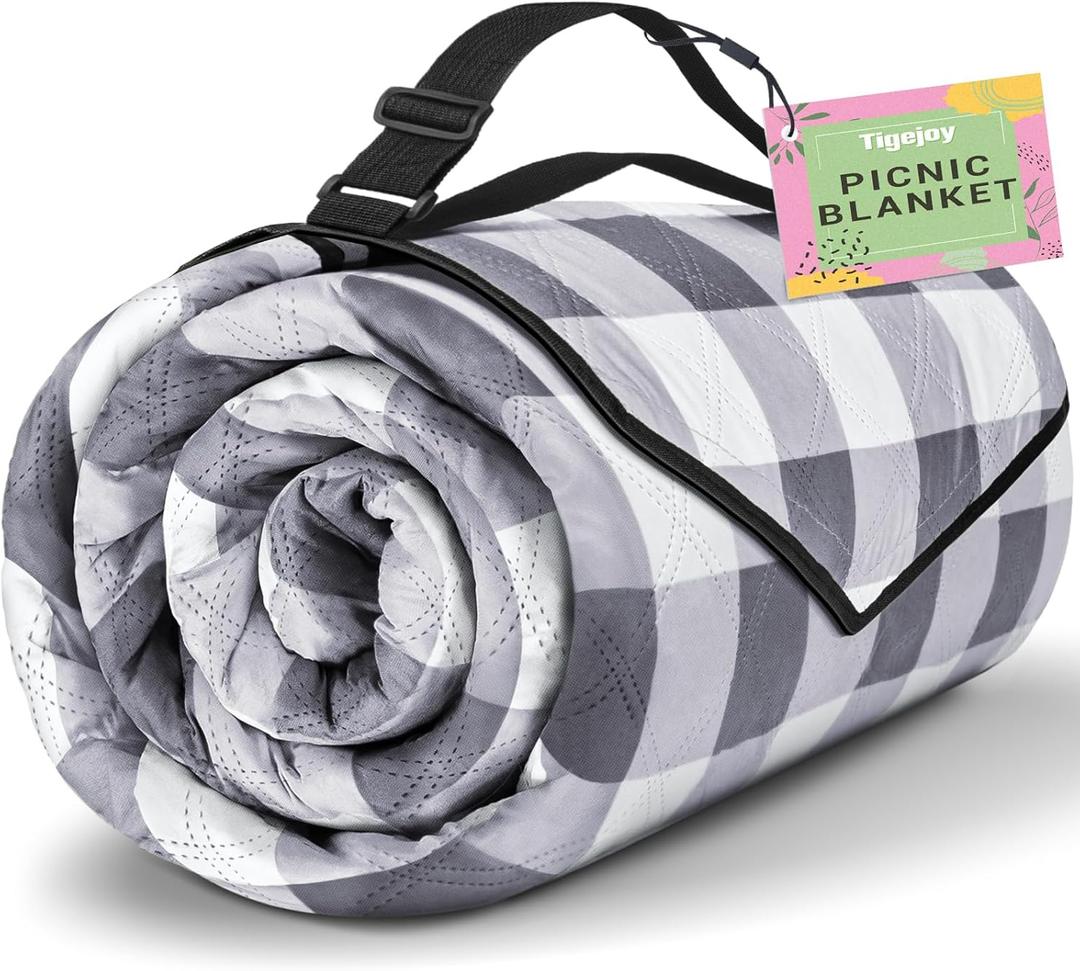 TigeJoy Extra Large Picnic Blanket Waterproof Foldable 80''x118'', Outdoor Picnic Mat Beach Blanket Sandproof for Park, Grass, Travel, Hiking, Camping Essentials, Gingham Picnic Blanket (6'8" x 9'10" (Rectangular), Grey)