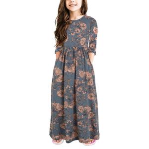 21KIDS Girls Maxi Dress Floral 3/4 Long Sleeve Dresses with Pockets for Girls 12 Years