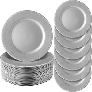 Jinei 36 Pack Silver Charger Plates 13 Inch Plastic Beaded Round Charger Plates Wedding Table Decoration Reusable Dinner Plate Tray for Birthday Party Holiday Event