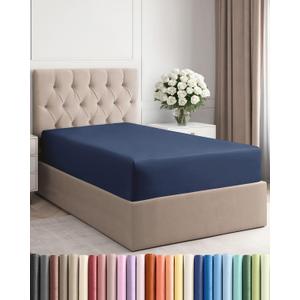 Twin Fitted Bed Sheet - Bottom Single Fitted Sheet Only - Ultra-Soft Hotel Luxury Bedding w/ 8-16 Inch Deep Pockets - Breathable, Cooling & Wrinkle Free - Easy-Fit, Fade & Shrink Resistant - Navy Blue