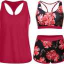 Yonique 3 Piece Athletic Tankini Swimsuits for Women with Shorts Swim Tank Tops with Sports Bra and Boyshorts Bathing Suits (Large, Red Floral)