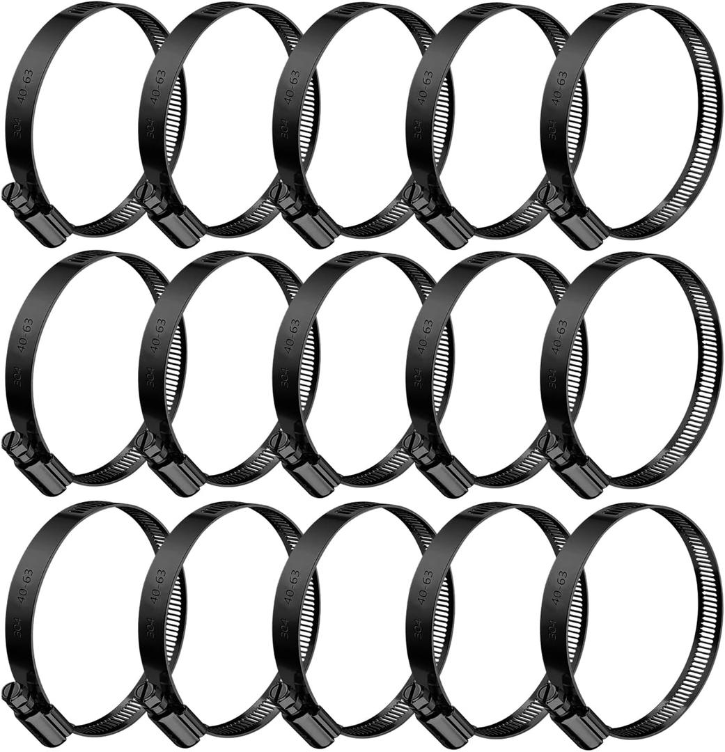 BOTTEN 15pcs Black Hose Clamp,1-9/16"-2.5"(40-63mm)304 Hose Clamps Stainless Steel Adjustable Worm Gear Hose Clamps Assortment Kit,radiator hose clamps fuel line clamps