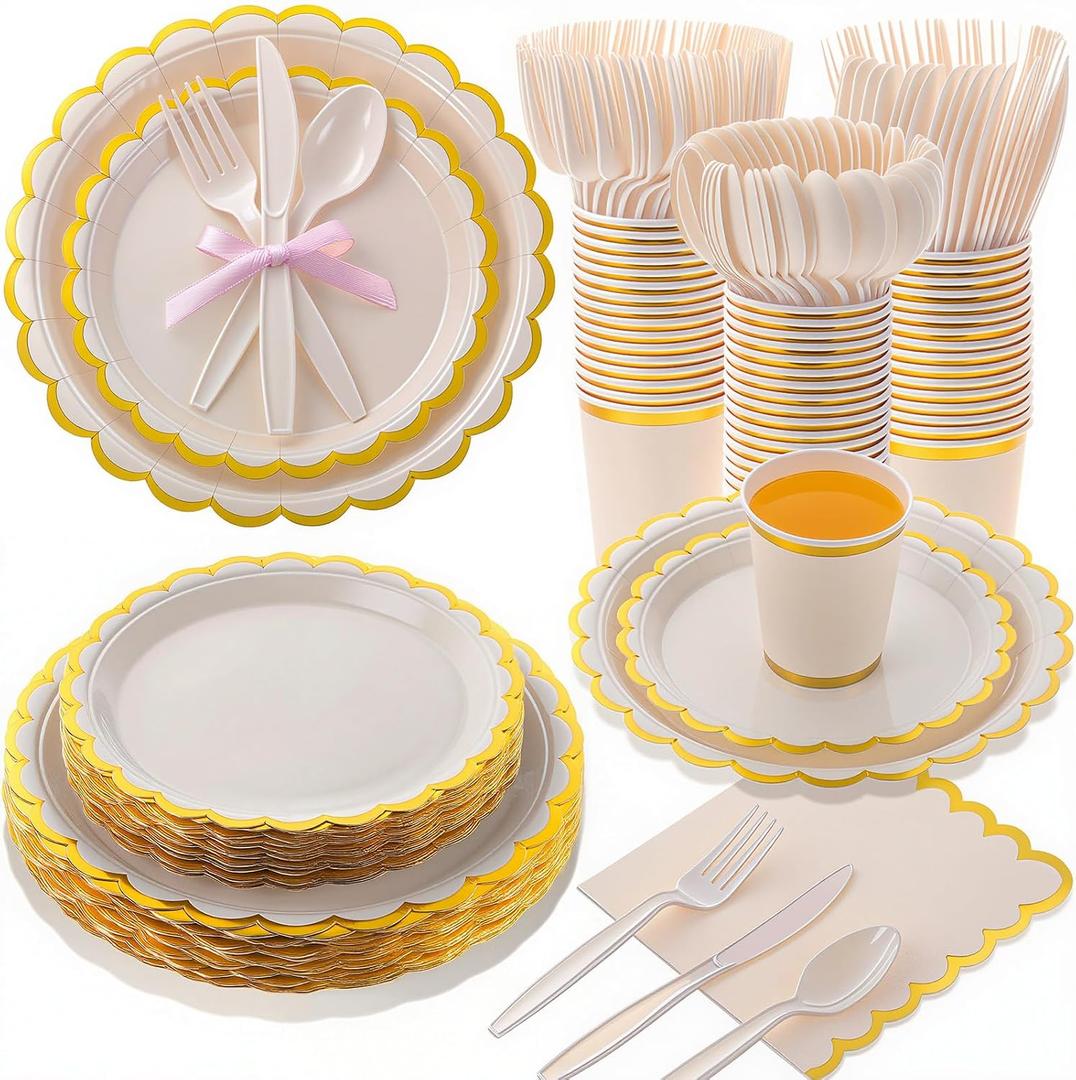 Ziliny 350 Pcs Ivory and Gold Foil Plates and Napkins, 50 Guest Spring Party Supplies Include Gold Foil Scalloped Paper Plates Napkins Cups Plastic Spoons Forks Knives for Birthday Baby Shower