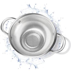 Morikavo Premium Stainless Steel Colander for Kitchen, Food Strainer Basket with Handle and Solid Ring Base for Fruits Vegetables Rice and Pasta, Dishwasher Safe (5QT)