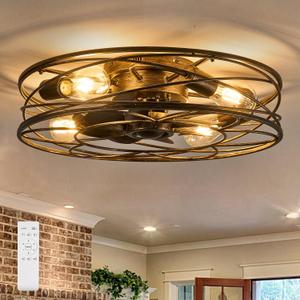 Flush Mount Caged Ceiling Fan: 20" Caged Ceiling Fan with Lights and Remote, Bladeless Low Profile Ceiling Fans 6 Speed Reversible Quiet Industrial Enclosed Ceiling Fan for Bedroom Dining Room Kitchen (Black Brush Gold)