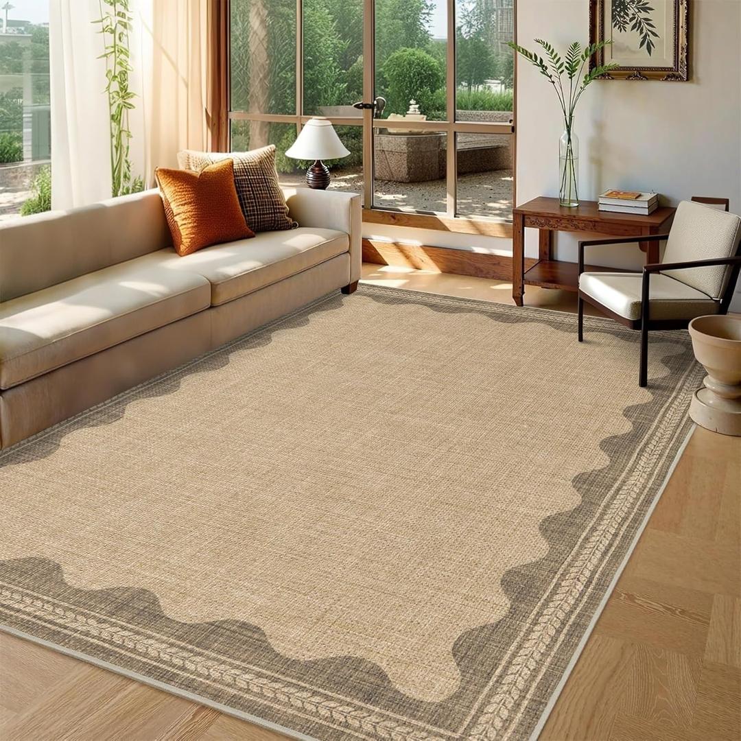 Scalloped Easy Jute Rug 5x7 Outdoor Rug Washable Rugs for Entryway Porch Non Slip Neutral Farmhouse Indoor Outdoor Carpet for Backyard Patio Office