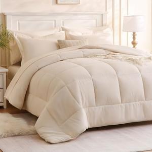 FreshCulture Full Comforter Set - 7 Pieces All Season Luxury Bed in a Bag Full Size - Bedding Set with Comforter, Sheets, Pillowcases & Shams - Ultra Soft Cream Comforter Set Full