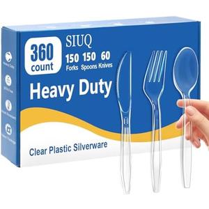 SIUQ 360 Count Heavy Duty Clear Plastic Silverware, 150 Forks, 150 Spoons, 60 Knives, Disposable Plastic Utensils Set, Plastic Cutlery Set, Plasticware Bulk for Parties, Catering, Picnic