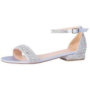 SheSole Women's Rhinestone Low Block Heel Sandals Sparkly Ankle Strap Sandal Bridal Wedding Dress Shoes Silver , US Size 8