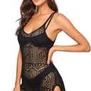 SOLY HUX Women's Spaghetti Strap Hollow Out Split Hem Beach Swimsuit Bikini Cover Up (Large, Black)