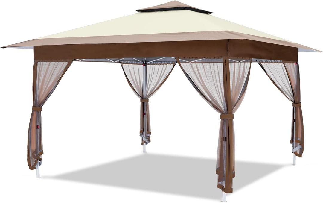 OUTFINE 12'x12' Gazebo Outdoor Pop up Canopy Tent with Curtains and Shelter for Patio, Party & Backyard (Khaki) (12*12FT)