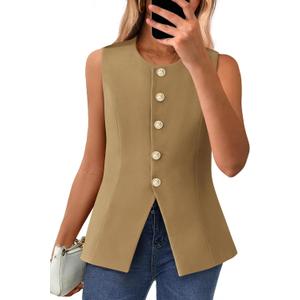 BTFBM Suit Vest Tops For Women Sleeveless Blazer Work Wear | Button Down Waistcoat Vests, Round Neck Womens Blazers, Dressy Top, Business Casual Outfits, Summer Fall Fashion Clothes 2026 (S)