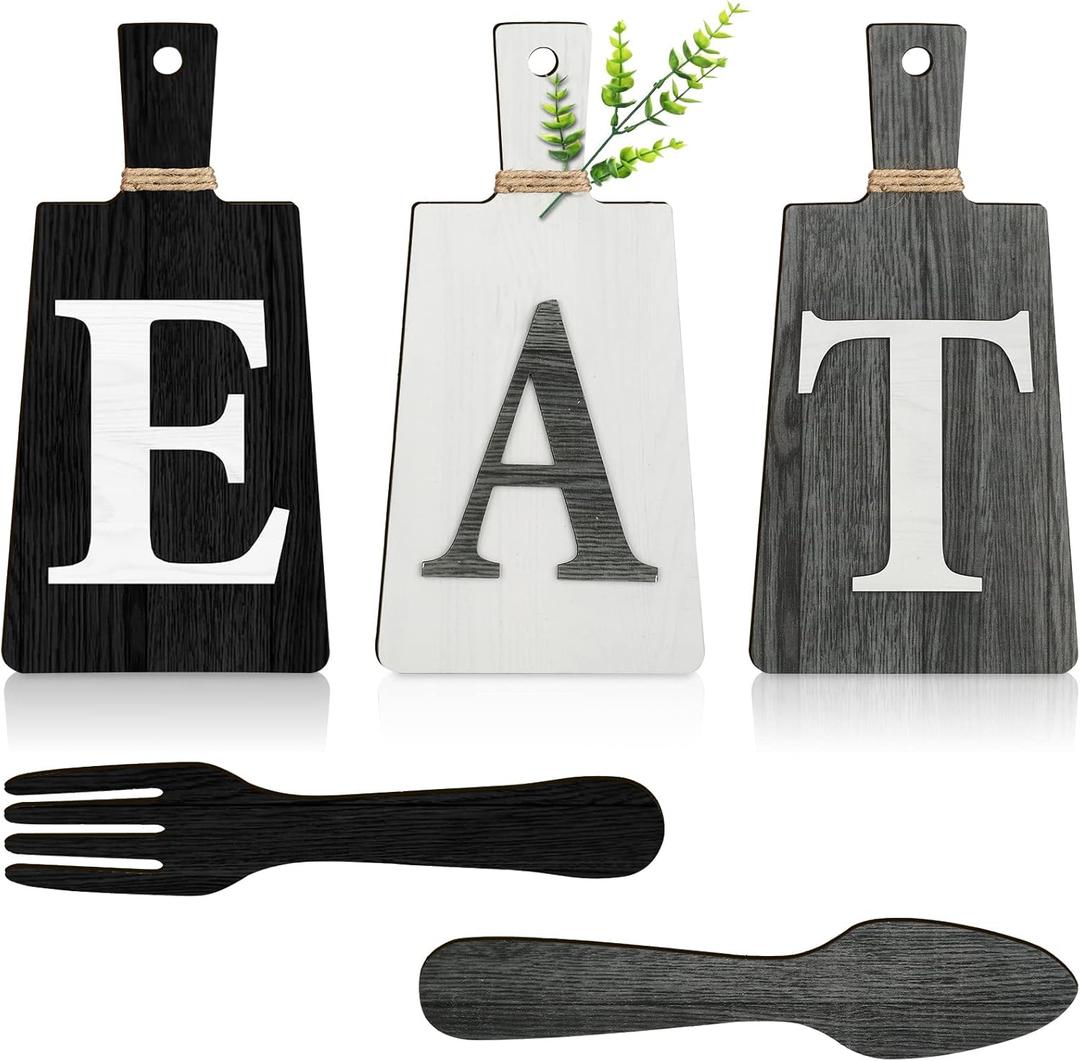 Jetec Cutting Board Eat Sign Set Hanging Art Kitchen Eat Sign Fork and Spoon Wall Decor Rustic Primitive Country Farmhouse Kitchen Decor for Home Decoration(Black, White, Gray)