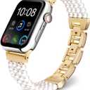 Pearl Bracelet Watch Band Compatible with Apple Watch Ultra SE Series 10 9 8 7 6 5 4 3 2 1, Stainless Steel Pearl Band for iWatch 38mm 40mm 41mm 42mm 44mm 45mm 49mm