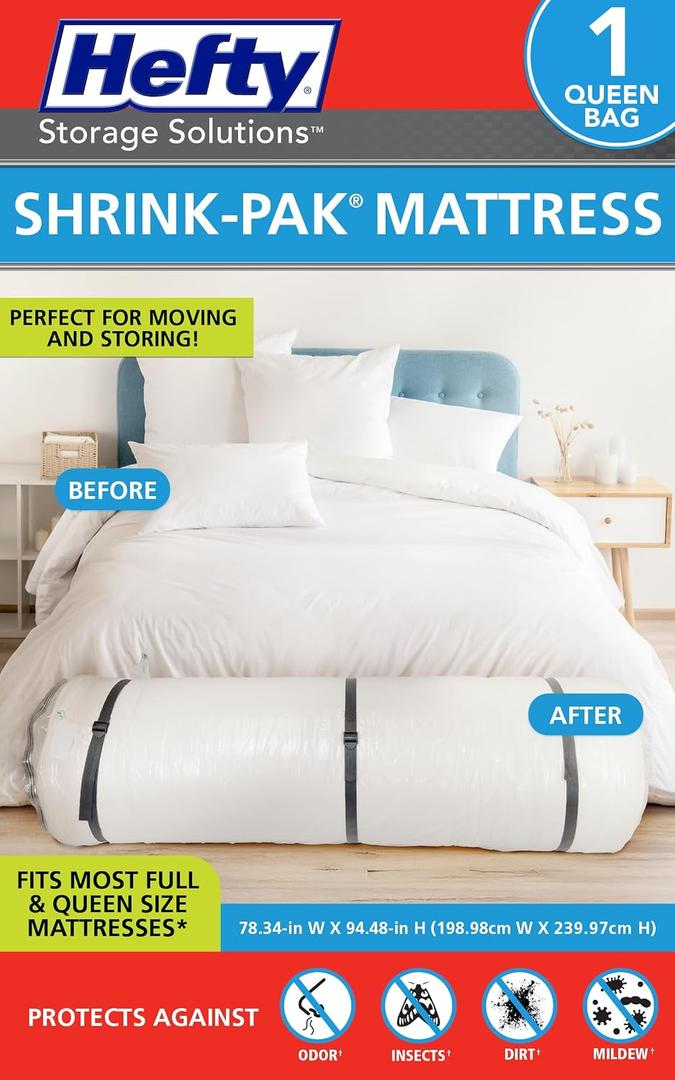 Hefty Shrink-Pak Mattress Bags for Moving Full/Queen Size | Heavy Duty & Water Resistant Vacuum Compression Mattress Bag, Storage Protection Mattress Cover for Moving