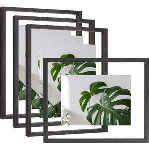 Egofine 11x14 Floating Frames Set of 4, Double Plexiglass Picture Frame, Made of Solid Wood Display Any Size Photo up to 11x14, Wall Mount or Tabletop Standing, Faded Black