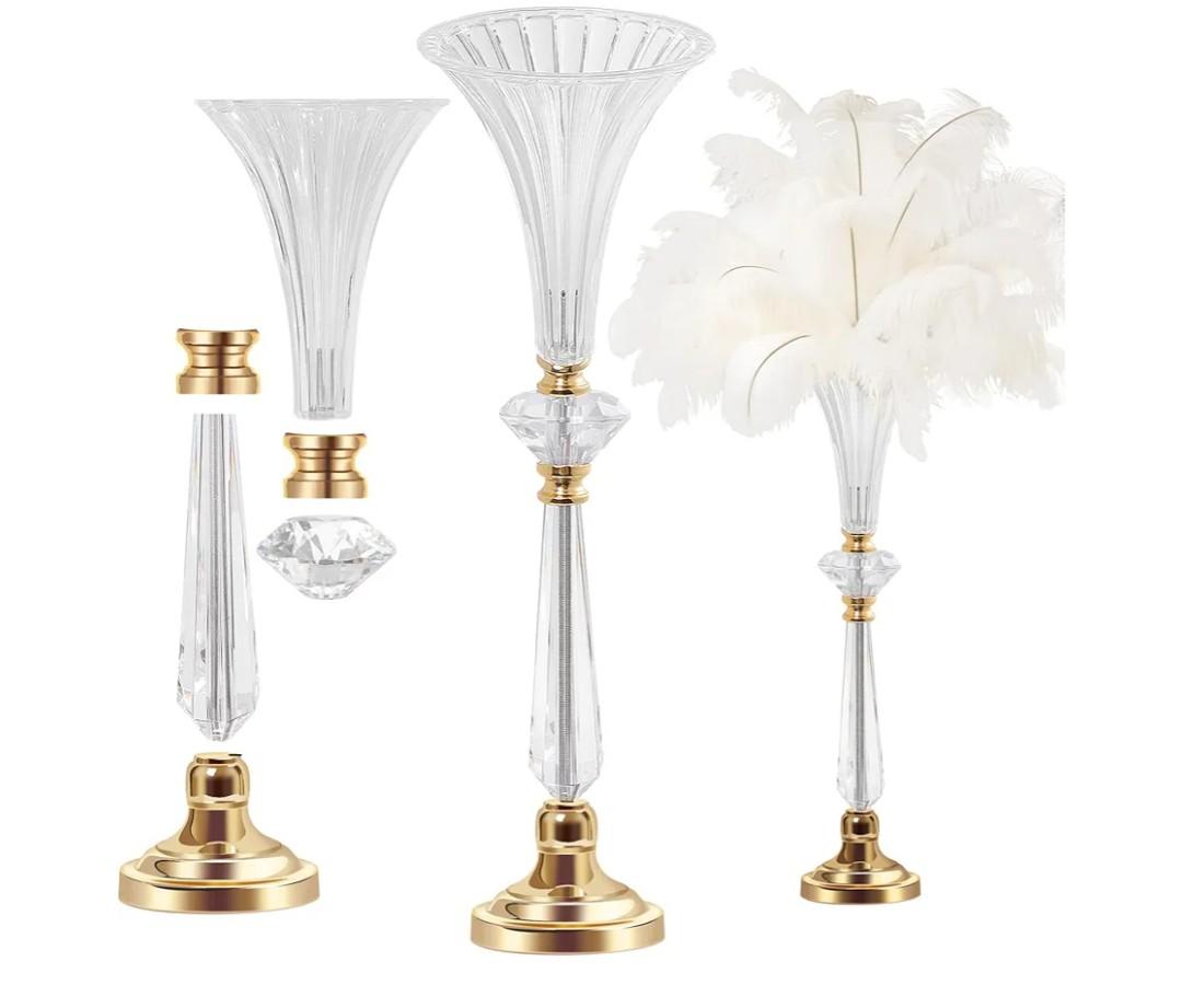 VIJIV Tall Crystal Acrylic Flower Vases for Centerpieces, 23.6" Large Clear Decorative Trumpet Vases, Wedding Flower Stand with Ribbed, Table/Floor Vase for Bridal Showers & Dining Room, Home Décor