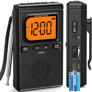 2000mAh Rechargeable AM FM Radio with Bluetooth Portable Transistor Pocket Radio with Best Reception Digital Tuning, Flashlight,LCD Screen,Earphone Jack, Sleep Timer and Alarm Clock for Jogging