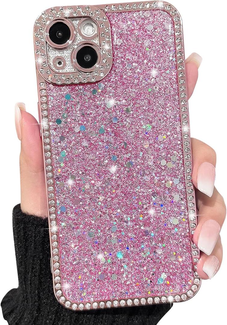 NITITOP Compatible with iPhone 14 Case Glitter Sparkly Sequin Design for Girls Women Luxury Bling Crystal Diamond Frame Full Camera Protection Shockproof Protective Phone Cover - Pink