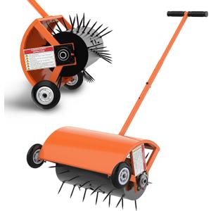 24 Inch Rolling Lawn Aerator, Heavy Duty Manual Aerator Tool, Up to 70 lbs, Push Spike Aeration Tool with 42 Spikes, Suitable for Lawns, Garden, and Yard Grass Aeration [Orange]