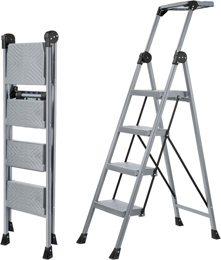 XinSunho 4 Step Ladder, Foldable Step Stool Ladder with Handrails & Tray, 660 lbs Heavy Duty Wide Pedals, Sturdy Steel Folding Ladder for Kitchen, Home, and Household Use(Silver, 4 Step)
