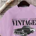 Women's Graphic Letter Tee Crew Neck Drop Shoulder Trendy Summer T Shirt Short Sleeve Vintage Car Print Top (Purple, XXL)