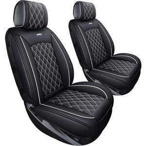 Front Seat Covers Chevy Silverado GMC Sierra Pickup Trail Boss Z71 Custom Fit 2007-2026 1500 2500HD 3500HD Crew Double Extended Cab Waterproof Leather Seat Protectors(2 PCS Front, Black-White)