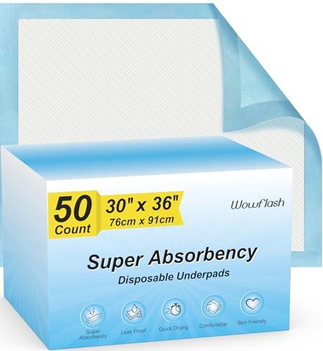 Wowflash Super Absorbency Disposable Leakproof Underpads with Quick Drying for Baby, Adults, Puppy, Dog Bed Pee Pads, Extra Large, XXL Incontinence Pads, 30” x 36”, 50 Count