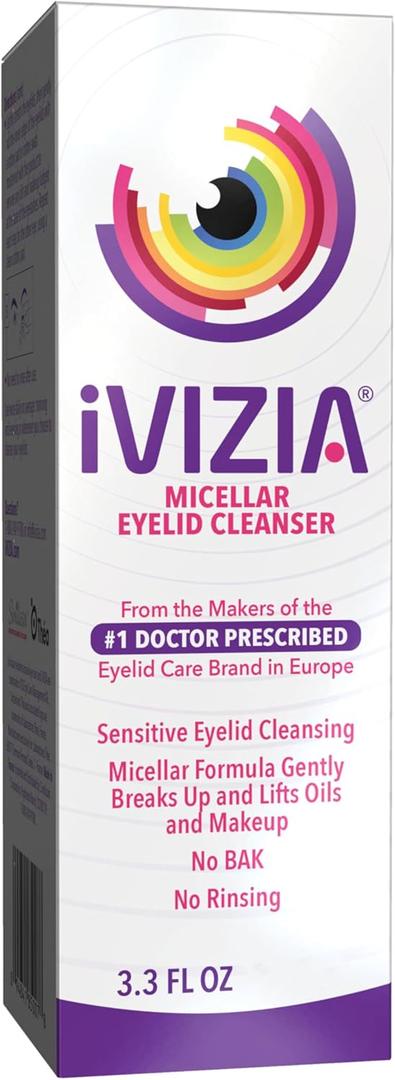 iVIZIA Micellar Eyelid Cleanser for Sensitive Eyelid Cleansing, BAK-Preservative-Free, Rinse-Free, Gently Removes Makeup, 3.3Fl Oz Bottle