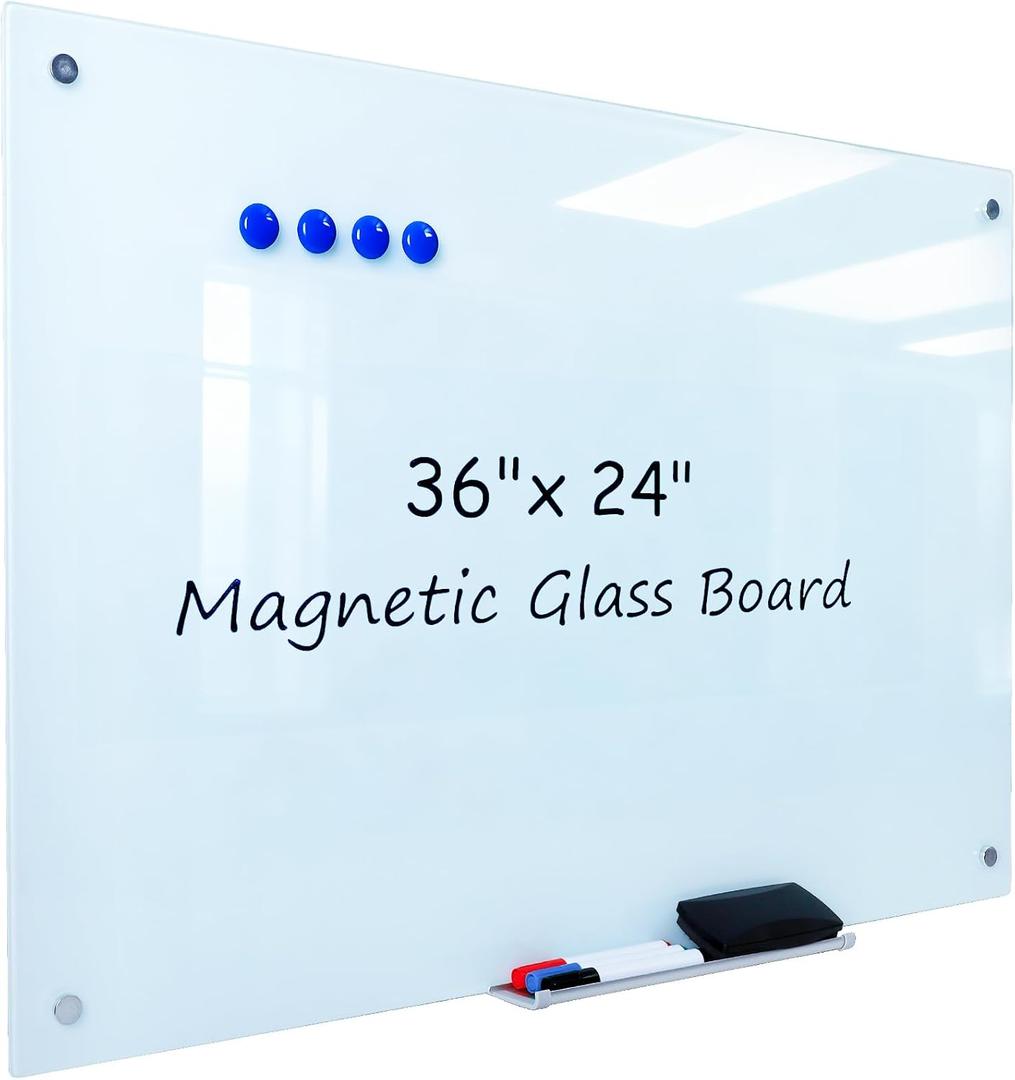 Magnetic Glass Whiteboard - 36” x 24” Glass Dry Erase Board for wall, Frameless Glass WhiteBoard for Office, Home & School