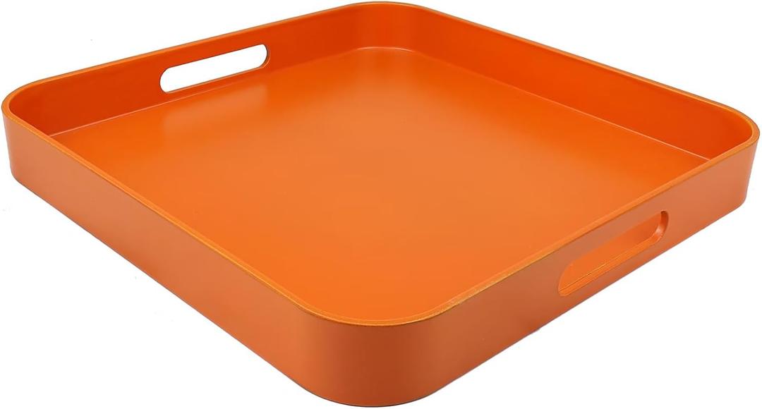 Square Orange Decorative Serving Tray with Handles, Versatile Ottoman Tray for Coffee Table, Entertaining, Outdoor Patio, Living Room, 13*13*1.6