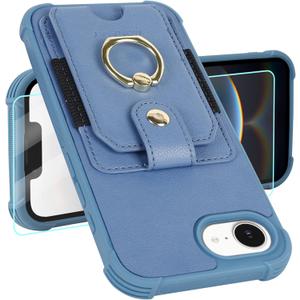 MONASAY Wallet Case Compatible for iPhone 16e 5G 6.1 inch with 360 Rotation Ring Stand[Glass Screen Protector][RFID Blocking] Leather Phone Cover with Card Holder for Women and Men, Light Blue