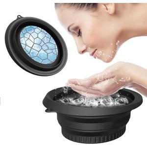Large Silicone Bowl for Face Ice Bath with Built-In Icetray, Foldable and Hanging Design for Easy Storage and Carrying, Dipping Face Ice Bath at Home and Travel (Black)