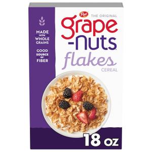 Grape Nuts Flakes Breakfast Cereal, Crispy Whole Wheat and Barley Cereal, Great for Yogurts, Parfaits, and Homemade Snacks, 18 OZ Box (EXP 11/04/26)
